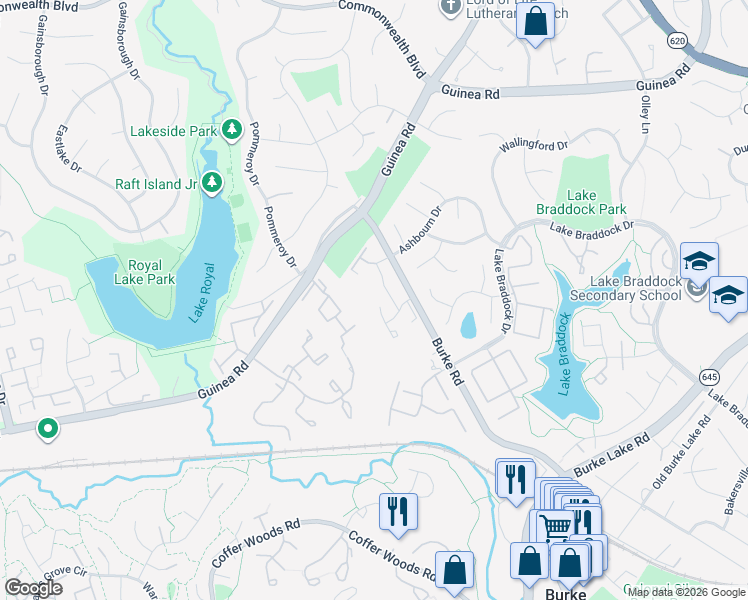 map of restaurants, bars, coffee shops, grocery stores, and more near 5500 Peppercorn Drive in Burke