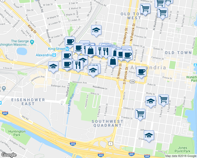 map of restaurants, bars, coffee shops, grocery stores, and more near 326 South West Street in Alexandria