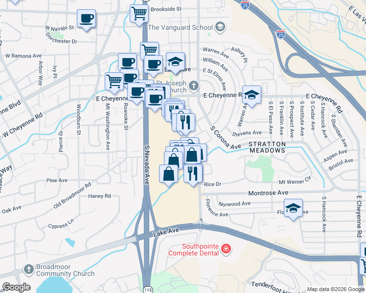 map of restaurants, bars, coffee shops, grocery stores, and more near 2035 Southgate Road in Colorado Springs
