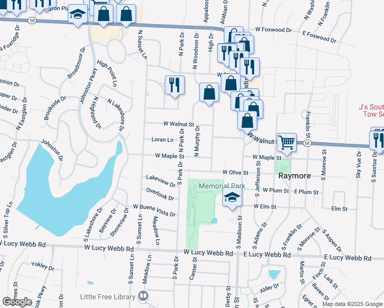 map of restaurants, bars, coffee shops, grocery stores, and more near 100 N Murphy Dr in Raymore