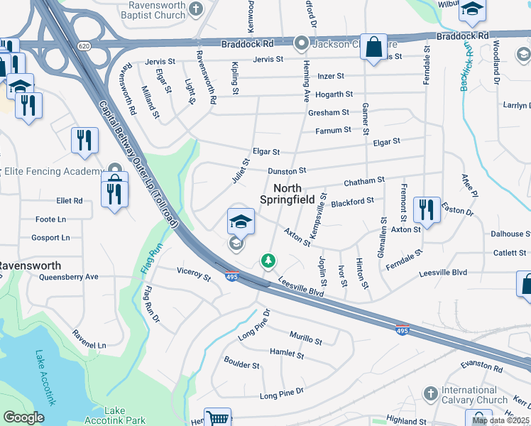 map of restaurants, bars, coffee shops, grocery stores, and more near 5414 Ives Place in Springfield