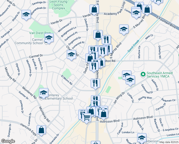 map of restaurants, bars, coffee shops, grocery stores, and more near 1950 South Academy Boulevard in Colorado Springs