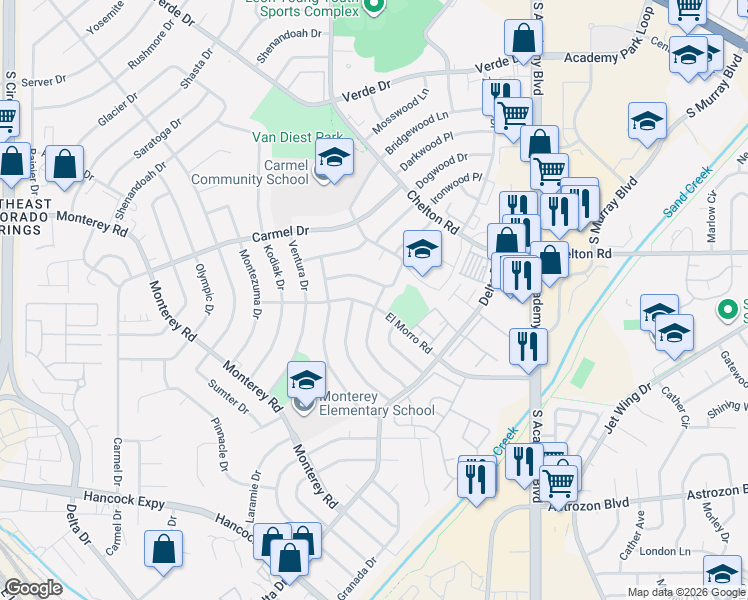 map of restaurants, bars, coffee shops, grocery stores, and more near 3430 El Morro Road in Colorado Springs