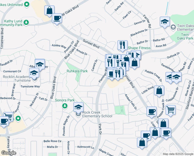 map of restaurants, bars, coffee shops, grocery stores, and more near 6380 Bluebill Court in Rocklin