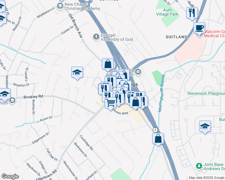 map of restaurants, bars, coffee shops, grocery stores, and more near 6309a Allentown Road in Temple Hills