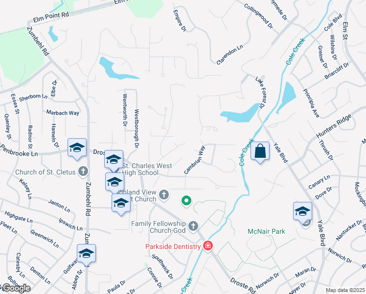 map of restaurants, bars, coffee shops, grocery stores, and more near 5 Cambric Court in Saint Charles