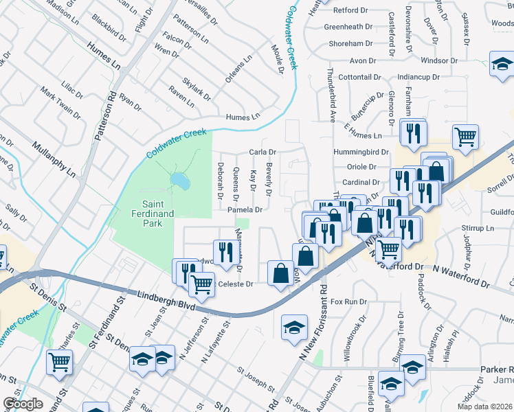 map of restaurants, bars, coffee shops, grocery stores, and more near 1625 Beverly Drive in Florissant