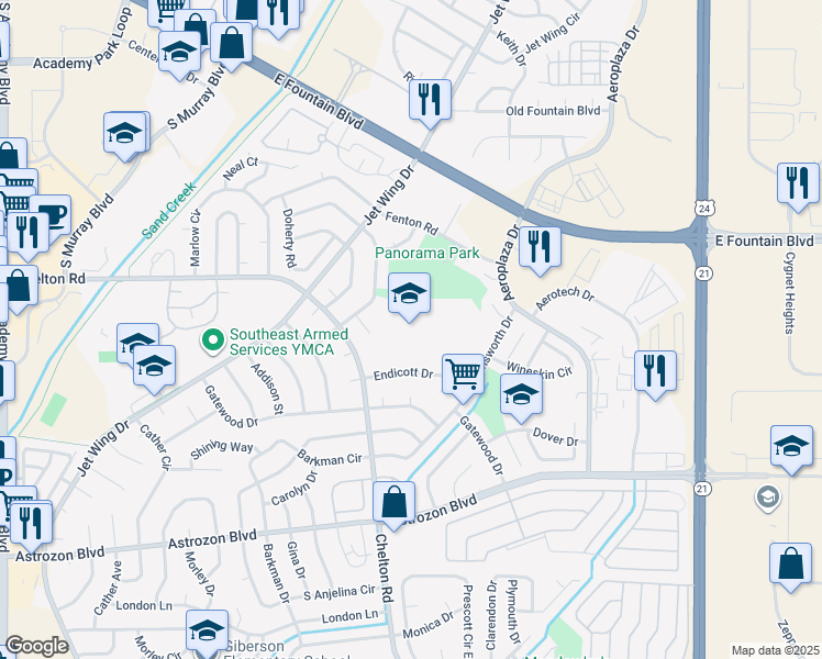 map of restaurants, bars, coffee shops, grocery stores, and more near 2145 South Chelton Road in Colorado Springs