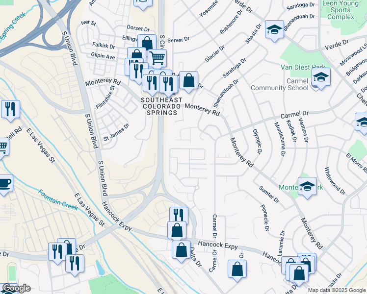 map of restaurants, bars, coffee shops, grocery stores, and more near 2917 Tumblewood Grove in Colorado Springs