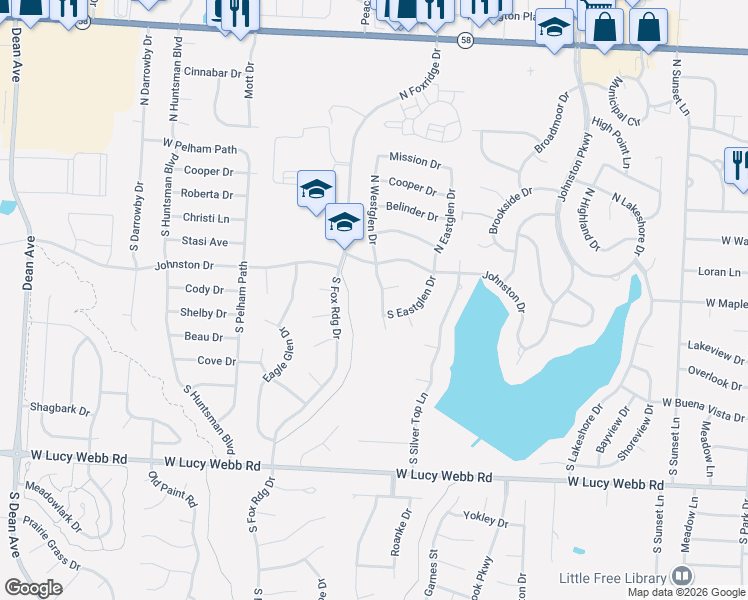 map of restaurants, bars, coffee shops, grocery stores, and more near 108 S Westglen Dr in Raymore