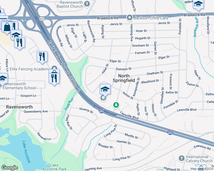 map of restaurants, bars, coffee shops, grocery stores, and more near 7513 Axton Street in Springfield