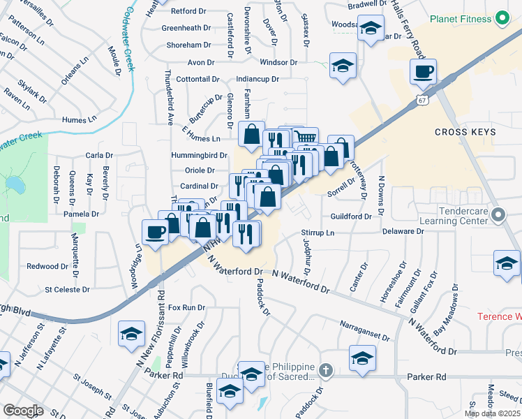 map of restaurants, bars, coffee shops, grocery stores, and more near 2341 North Highway 67 in Florissant
