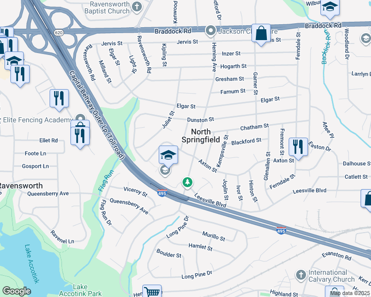 map of restaurants, bars, coffee shops, grocery stores, and more near 5414 Ives Place in Springfield