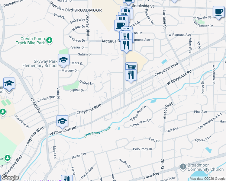 map of restaurants, bars, coffee shops, grocery stores, and more near 115 Wolfe Avenue in Colorado Springs