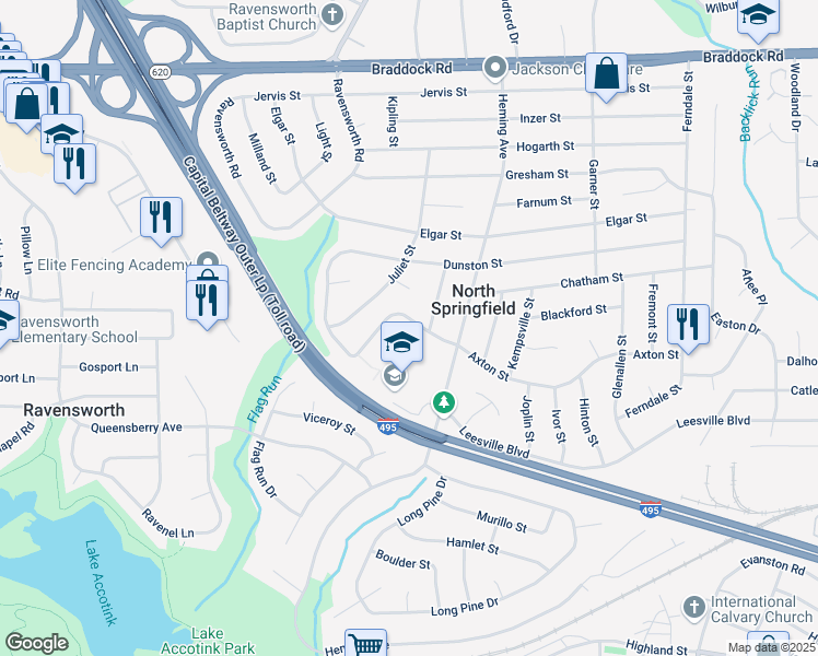 map of restaurants, bars, coffee shops, grocery stores, and more near 7513 Axton Street in Springfield