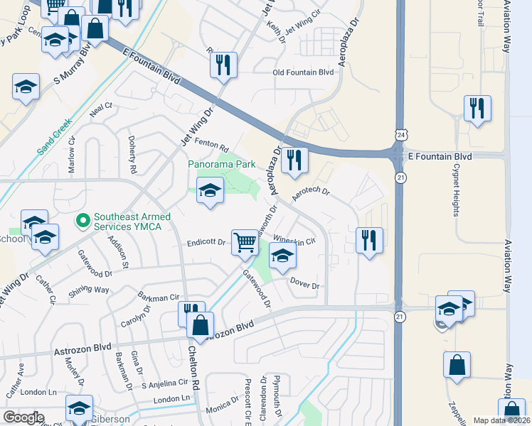 map of restaurants, bars, coffee shops, grocery stores, and more near 2030 Farnsworth Drive in Colorado Springs