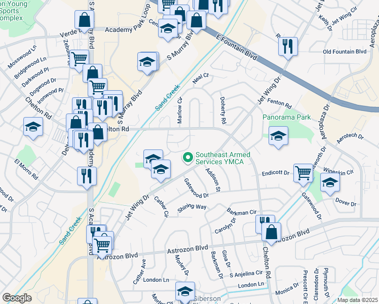 map of restaurants, bars, coffee shops, grocery stores, and more near 4326 Hunting Meadows Circle in Colorado Springs