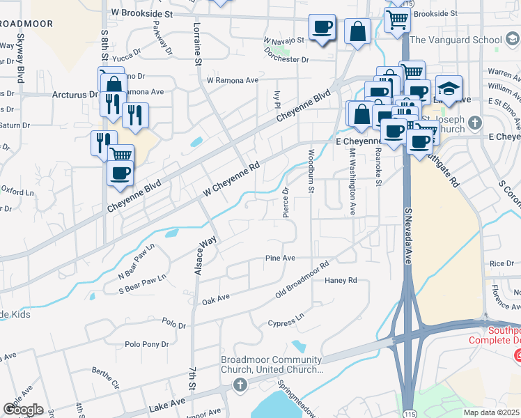 map of restaurants, bars, coffee shops, grocery stores, and more near 1916 Manor Lane in Colorado Springs