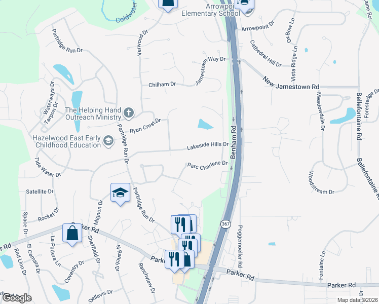 map of restaurants, bars, coffee shops, grocery stores, and more near 6900 Lakeside Hills Drive in Florissant