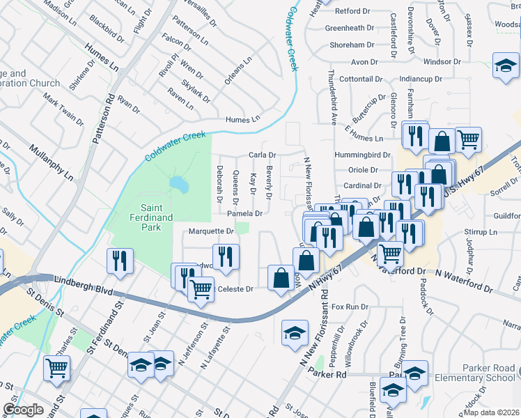 map of restaurants, bars, coffee shops, grocery stores, and more near 1625 Beverly Drive in Florissant