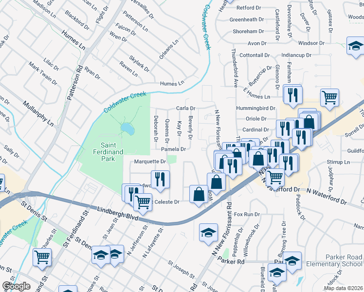 map of restaurants, bars, coffee shops, grocery stores, and more near 1625 Beverly Drive in Florissant