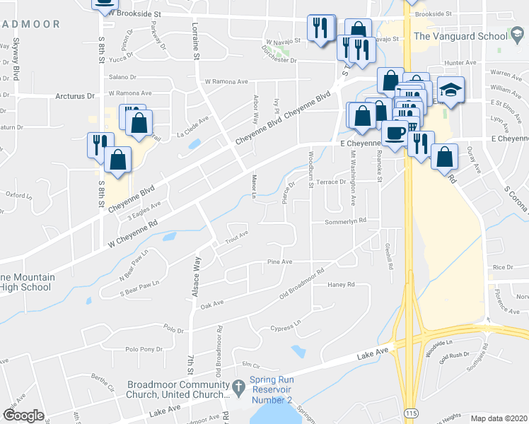 map of restaurants, bars, coffee shops, grocery stores, and more near 168 Creekside Lane in Colorado Springs