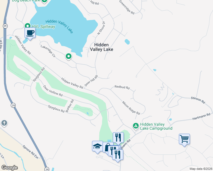map of restaurants, bars, coffee shops, grocery stores, and more near 18932 Moon Ridge Rd in Hidden Valley Lake