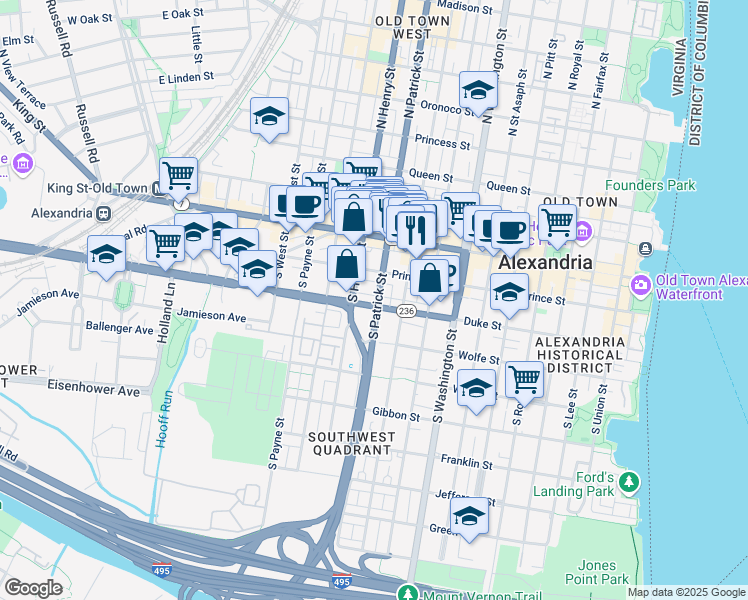 map of restaurants, bars, coffee shops, grocery stores, and more near 1001 Duke Street in Alexandria