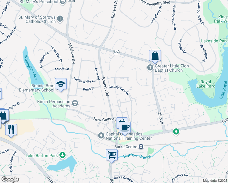 map of restaurants, bars, coffee shops, grocery stores, and more near 5412 New London Park Drive in Fairfax