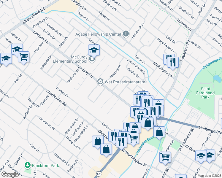 map of restaurants, bars, coffee shops, grocery stores, and more near 835 Lindsay Lane in Florissant