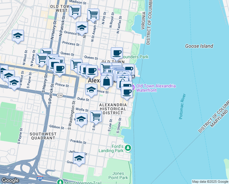 map of restaurants, bars, coffee shops, grocery stores, and more near 201 Prince Street in Alexandria