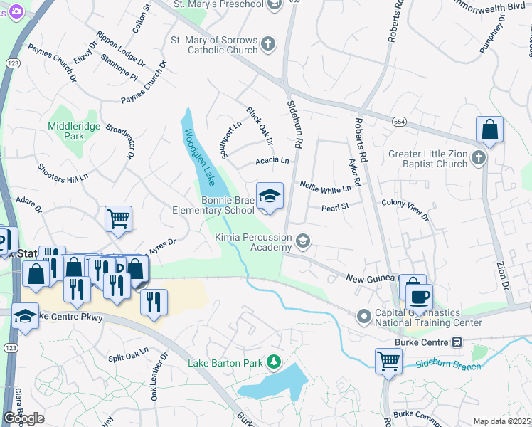 map of restaurants, bars, coffee shops, grocery stores, and more near 5420 Sideburn Road in Fairfax