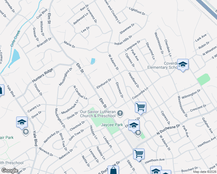 map of restaurants, bars, coffee shops, grocery stores, and more near 2943 Homewood Avenue in Saint Charles