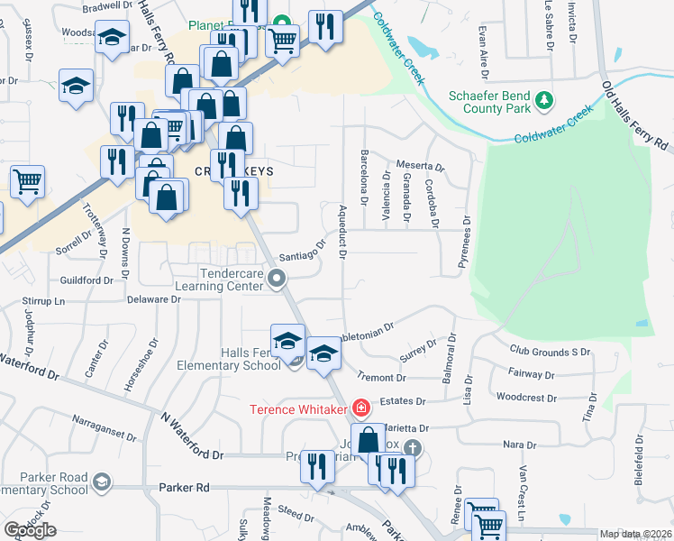 map of restaurants, bars, coffee shops, grocery stores, and more near 1855 Aqueduct Drive in Florissant