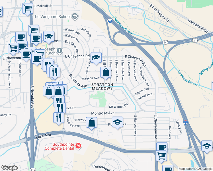 map of restaurants, bars, coffee shops, grocery stores, and more near 2101 South Corona Avenue in Colorado Springs