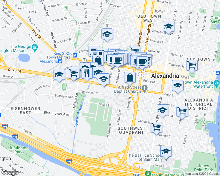 map of restaurants, bars, coffee shops, grocery stores, and more near 320 South West Street in Alexandria