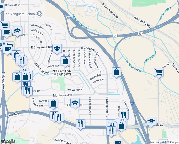 map of restaurants, bars, coffee shops, grocery stores, and more near 1941 South Cedar Avenue in Colorado Springs