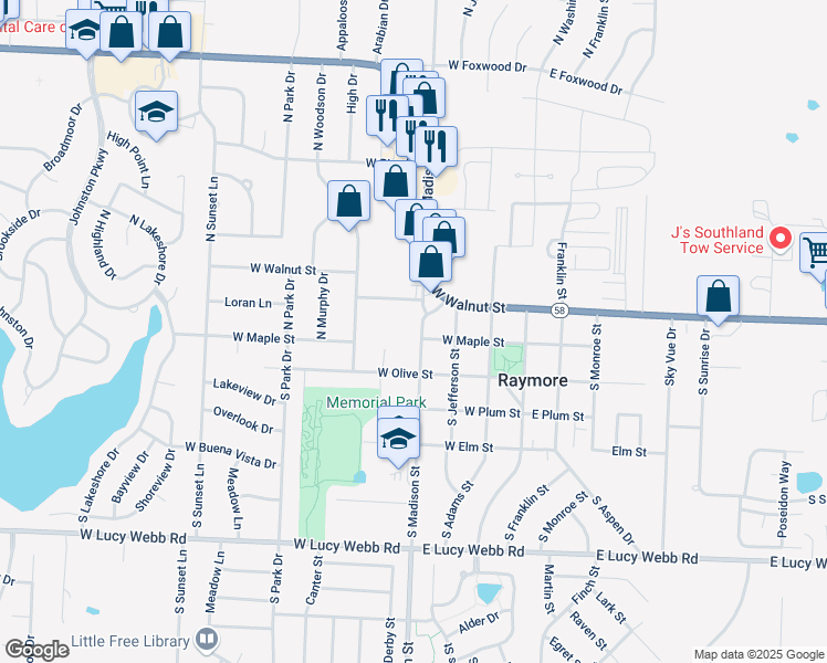 map of restaurants, bars, coffee shops, grocery stores, and more near 116 South Madison Street in Raymore