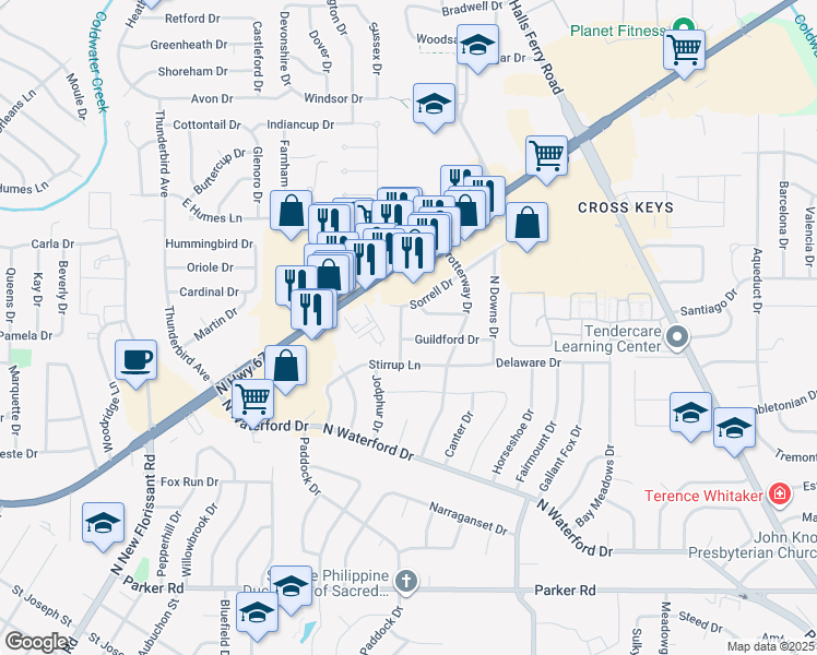 map of restaurants, bars, coffee shops, grocery stores, and more near 1840 Banstead Drive in Florissant