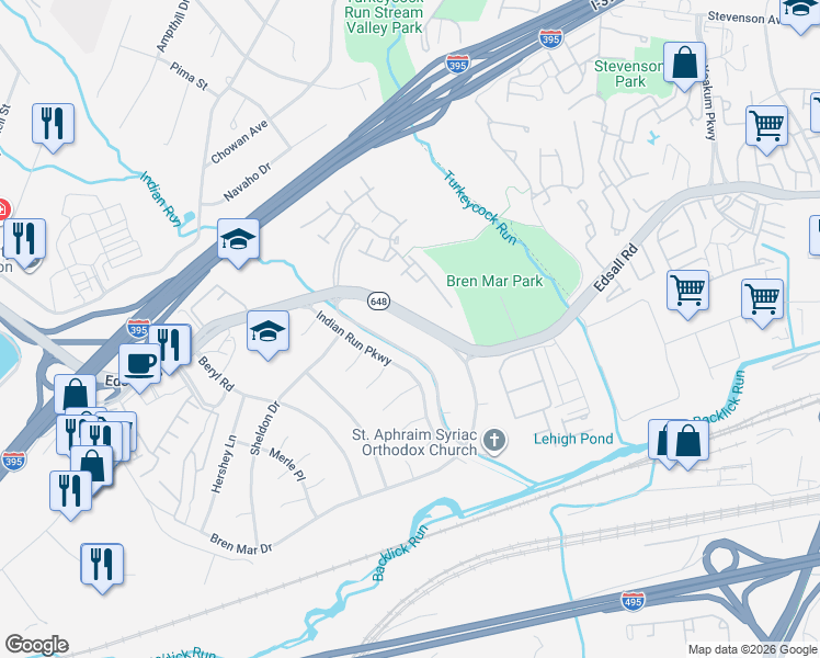 map of restaurants, bars, coffee shops, grocery stores, and more near 6369 Edsall Road in Alexandria