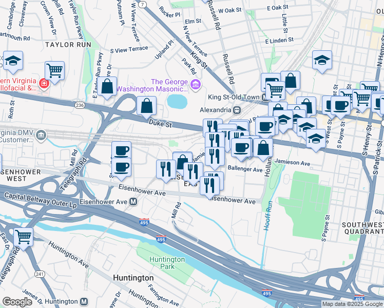 map of restaurants, bars, coffee shops, grocery stores, and more near 2151 Jamieson Avenue in Alexandria