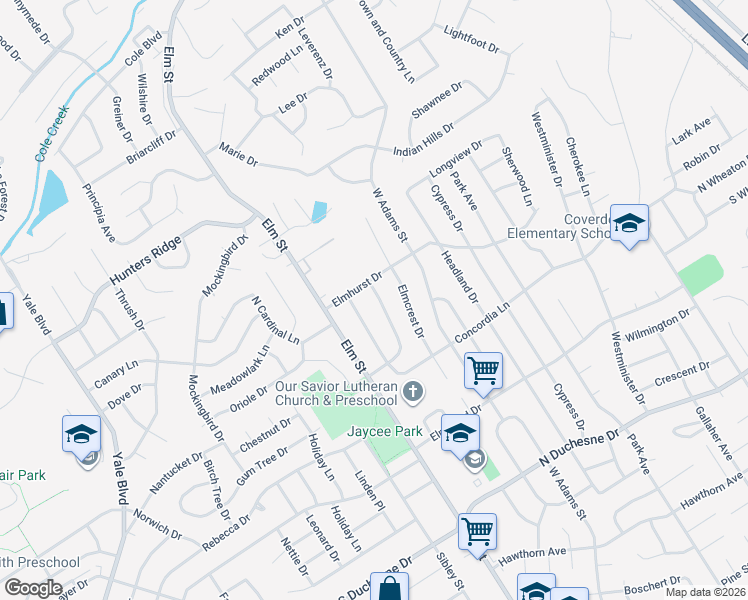 map of restaurants, bars, coffee shops, grocery stores, and more near 2943 Homewood Avenue in Saint Charles