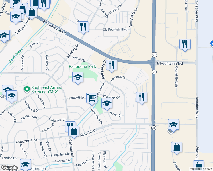 map of restaurants, bars, coffee shops, grocery stores, and more near 2005 Farnsworth Drive in Colorado Springs
