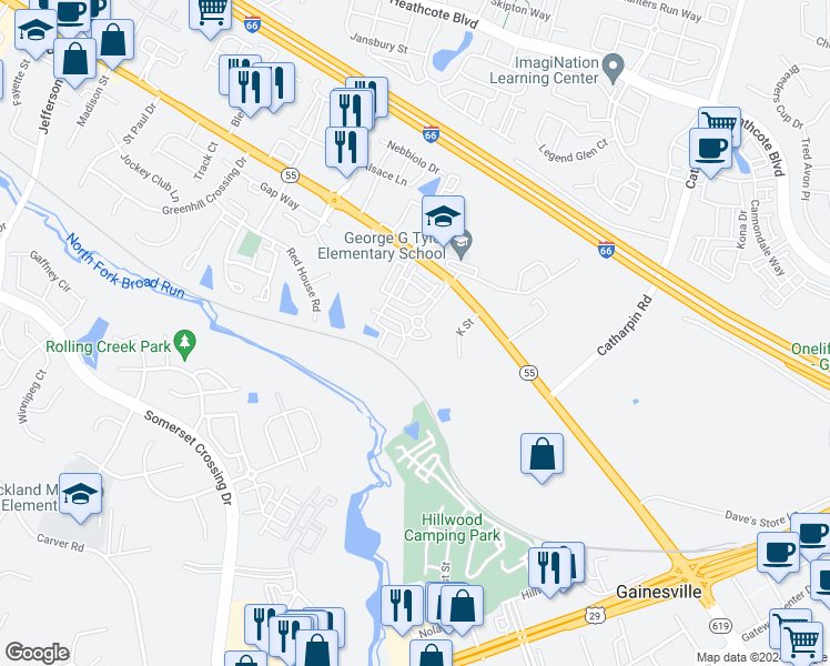 map of restaurants, bars, coffee shops, grocery stores, and more near 14484 Village High Street in Gainesville