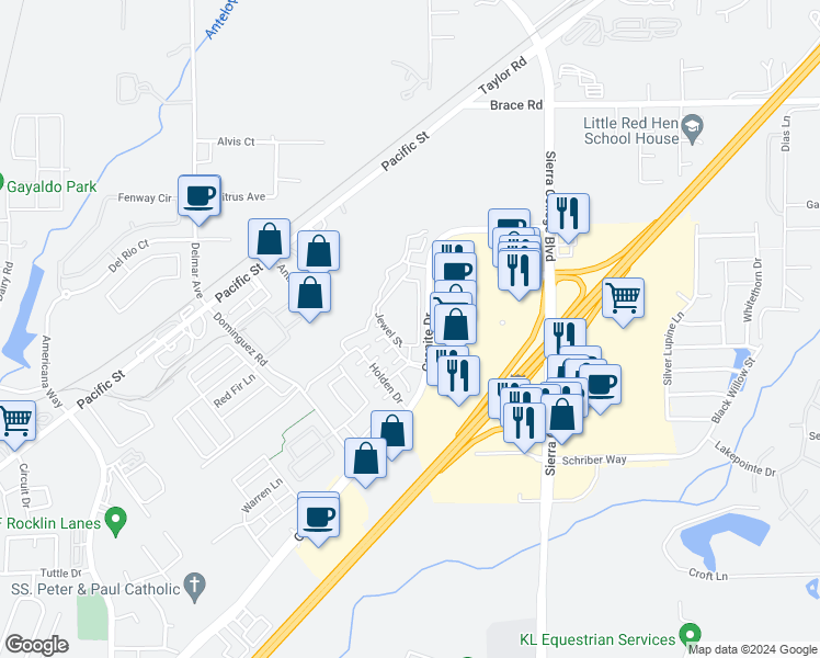 map of restaurants, bars, coffee shops, grocery stores, and more near 5006 Jewel Street in Rocklin