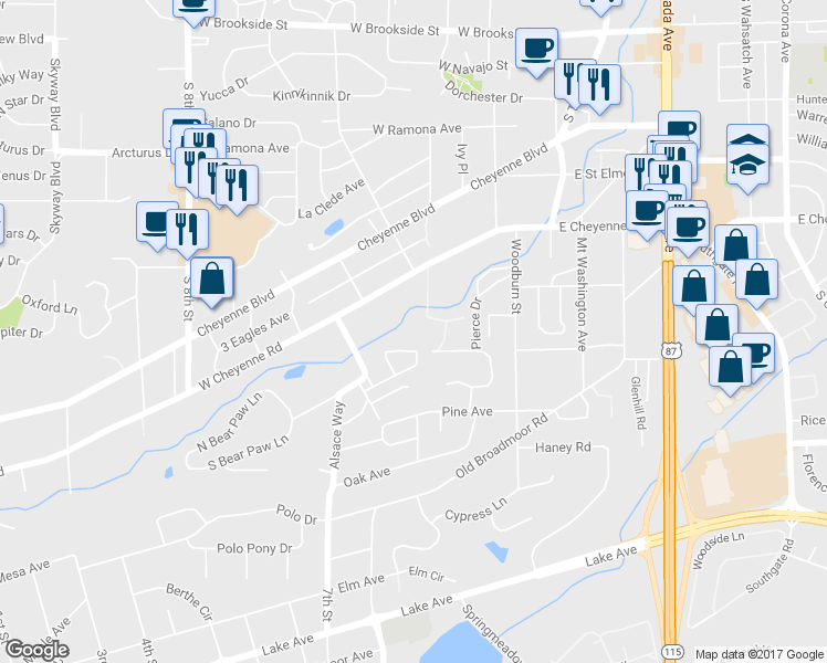 map of restaurants, bars, coffee shops, grocery stores, and more near 1916 Manor Lane in Colorado Springs