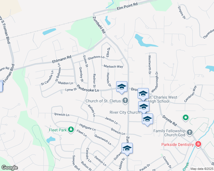 map of restaurants, bars, coffee shops, grocery stores, and more near 2905 Hameln Drive in Saint Charles