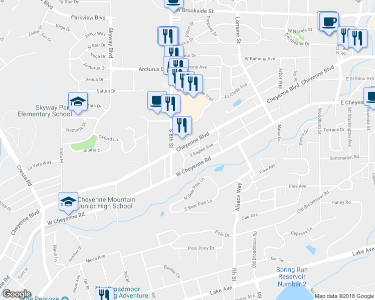 map of restaurants, bars, coffee shops, grocery stores, and more near 621 Cheyenne Boulevard in Colorado Springs