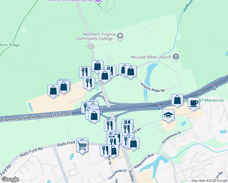 map of restaurants, bars, coffee shops, grocery stores, and more near 10701 Battleview Parkway in Manassas