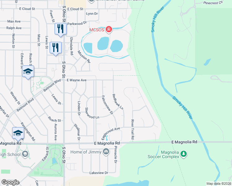 map of restaurants, bars, coffee shops, grocery stores, and more near 2151 Redhawk Lane in Salina